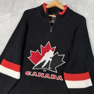 Team Canada Sago Hockey Knit Quarter Zip Sweater Black Red Men Size XL Olympic